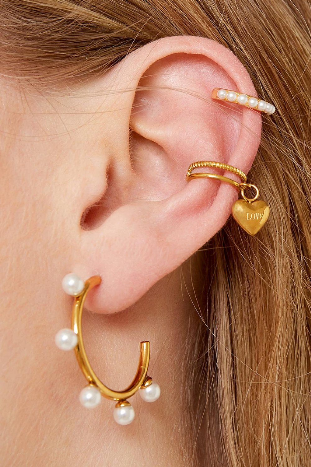 Doppelte Ohrstulpe aus Edelstahl mit wenig Herzanhänger Silber h5Bild3